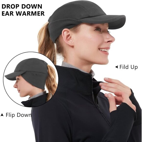 〽️Women\'s Dark Grey Winter Reflective Fleece Ponytail Hat with Ear Warmers main image 4